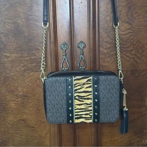 Michael Kors Jet Set Medium Camera Calf Hair Black Brown Multi Crossbody EUC